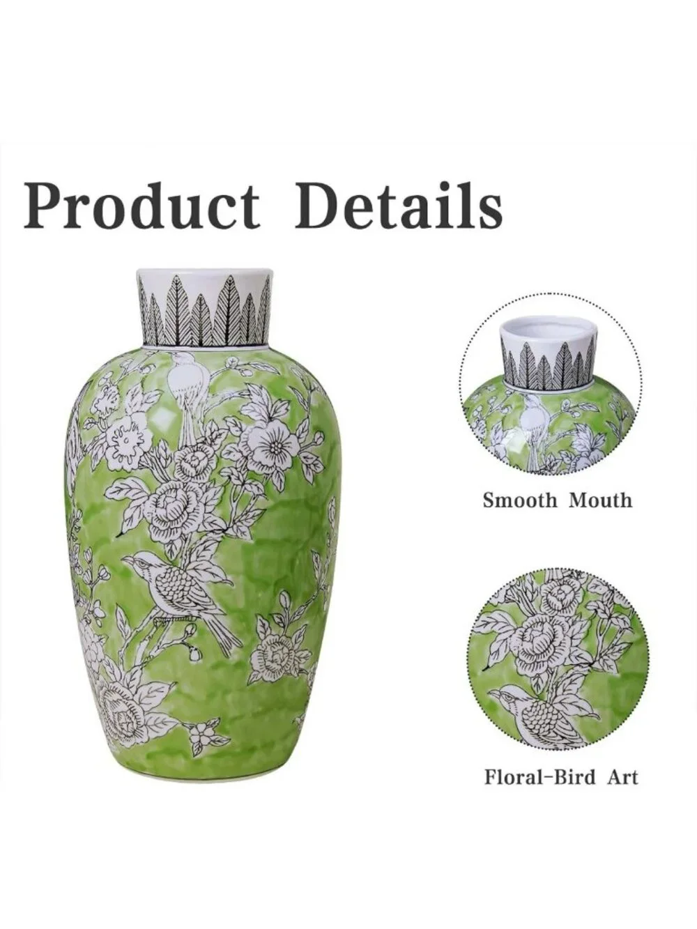 Hand-Painted Green Ceramic Floral-Bird Vase - 13” Decorative Home Accent